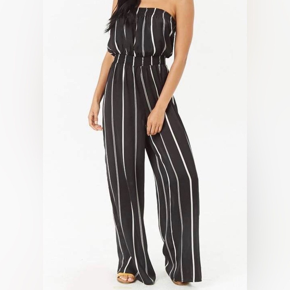 Dress Forum black/white striped wide leg strapless jumpsuit, large